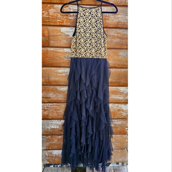 Candalite Long Maxi Halter Formal Dress Gold Lace & Gems Ruffle Black Bottom - Picture 2 of 11